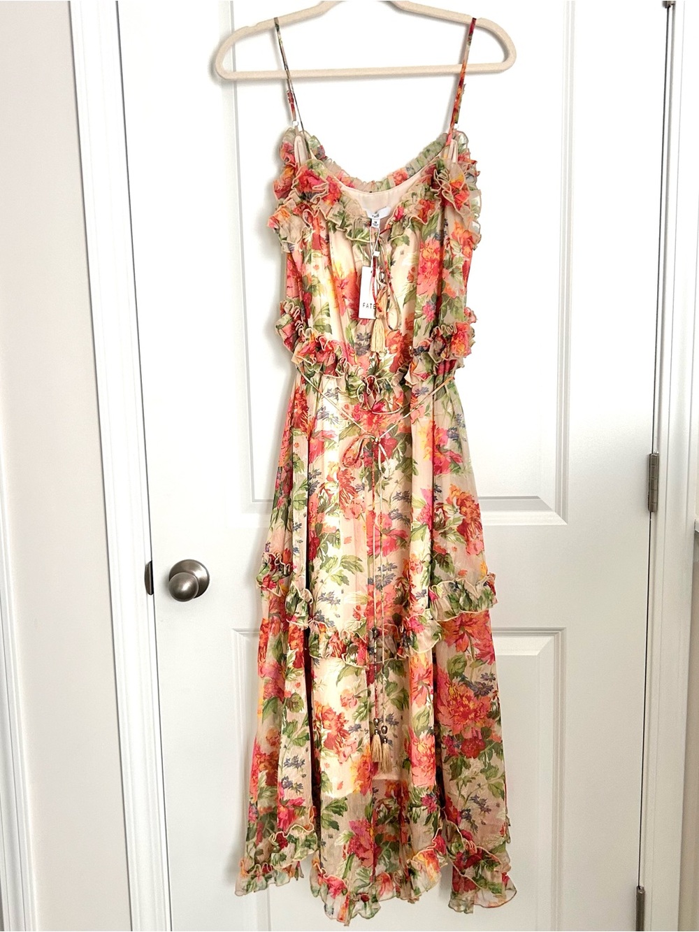 NWT Fate Floral Tiered Midi Strappy Ruffle Dress Belted Handkerchief Hem M